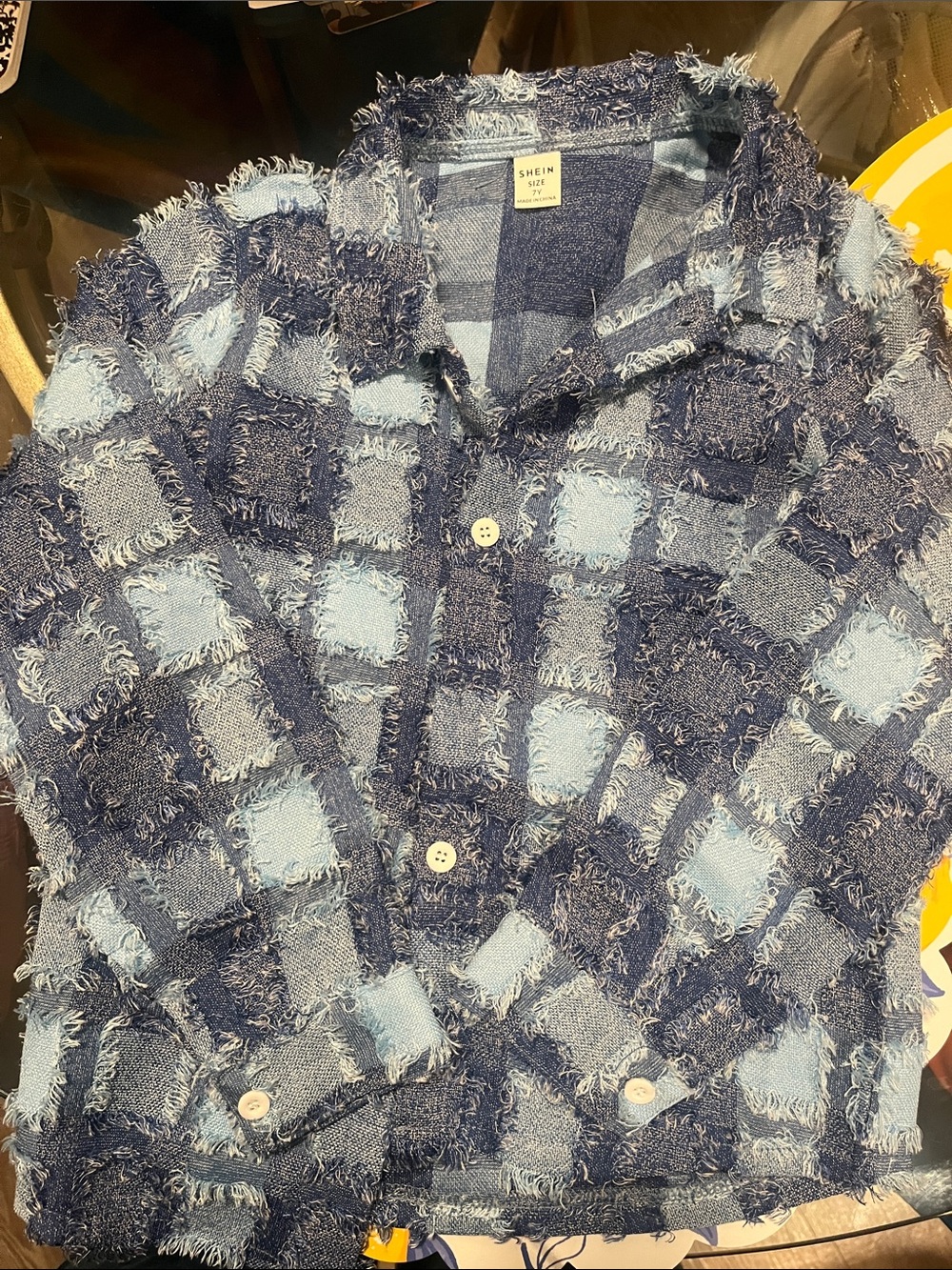 SHEIN Kids Two-Tone Blue Frayed Check Shirt